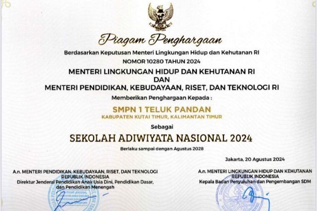 SMP Negeri 1 Teluk Pandan Pertahankan Predikat Sekolah Adiwiyata Nasional hingga 2028