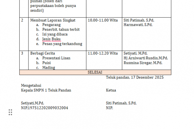 SMPN 1 Teluk Pandan Gelar Kegiatan M3BC: Sehari Bersama Buku, Membaca, Menemukan Makna, dan Berbagi Cerita